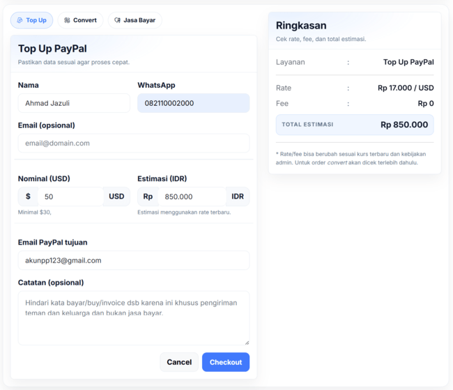 Form top up PayPal